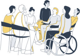 Graphic of a people with various disabilities sitting and standing in a circle. 